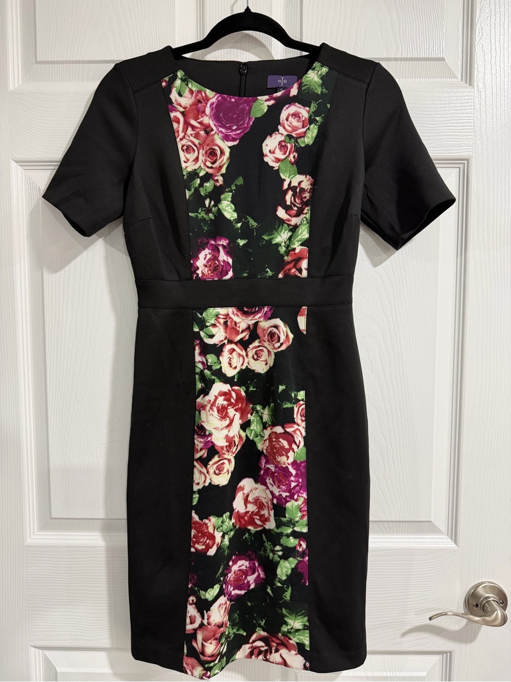 NYDJ Black Sheath Dress with Pink & Purple Rose Panel